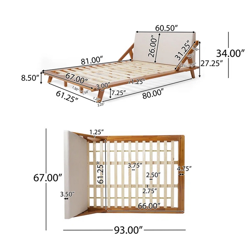 Benjara Queen Size Bed- Beige Upholstered Headboard- Natural Brown Acacia Wood