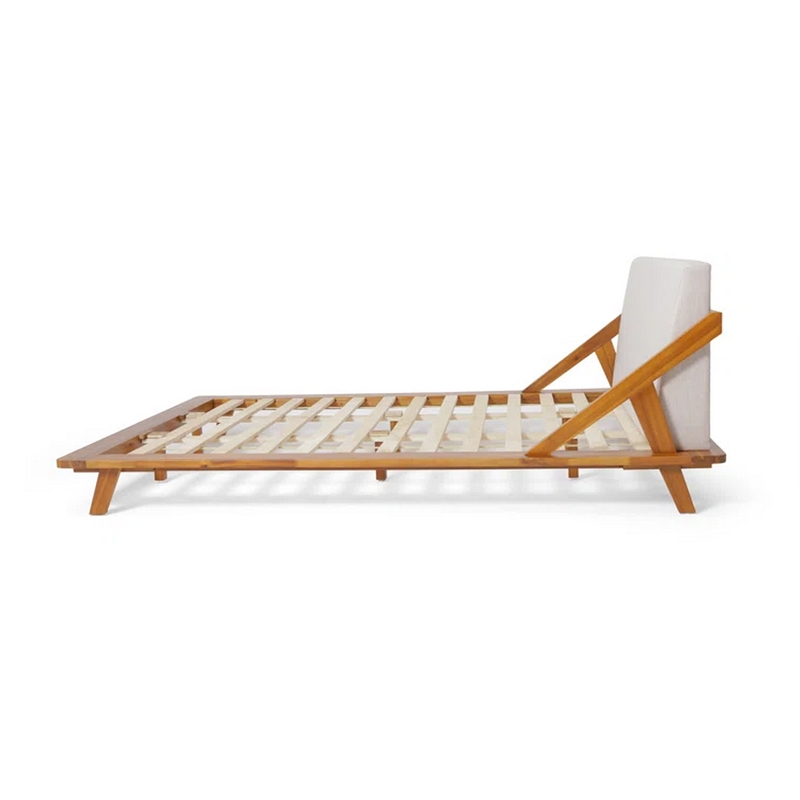 Benjara Queen Size Bed- Beige Upholstered Headboard- Natural Brown Acacia Wood