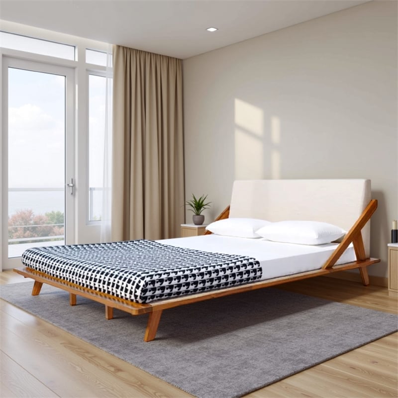 Benjara Queen Size Bed- Beige Upholstered Headboard- Natural Brown Acacia Wood