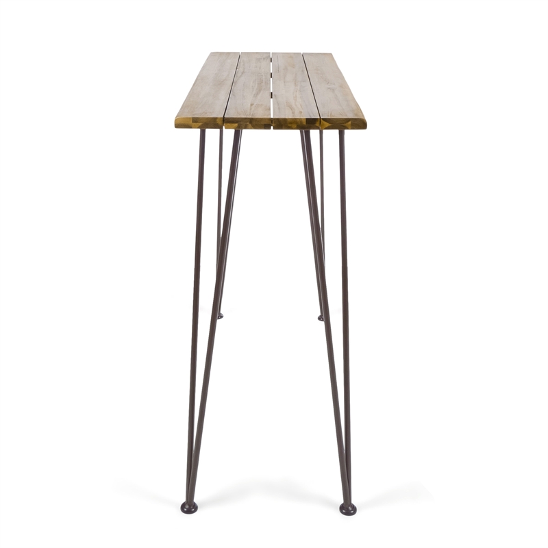 Benjara Rih Outdoor Bar Height Table- 47 Inch- Hairpin Legs- Brown Acacia Wood