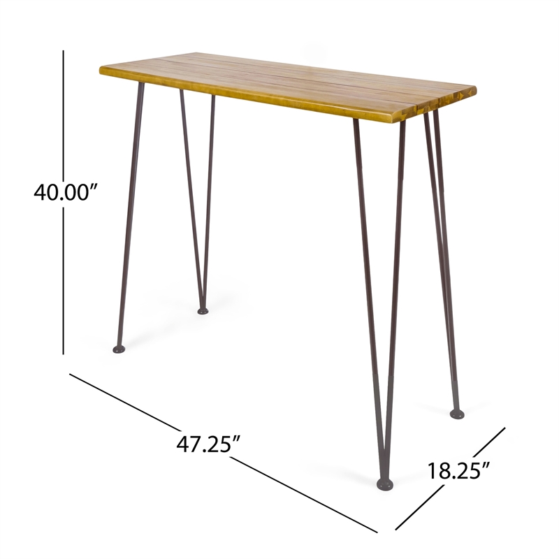 Benjara Rih Outdoor Bar Height Table- 47 Inch- Hairpin Legs- Brown Acacia Wood