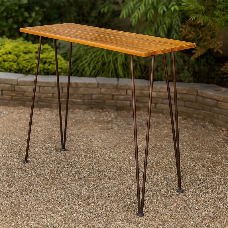 Benjara Rih Outdoor Bar Height Table- 47 Inch- Hairpin Legs- Brown Acacia Wood