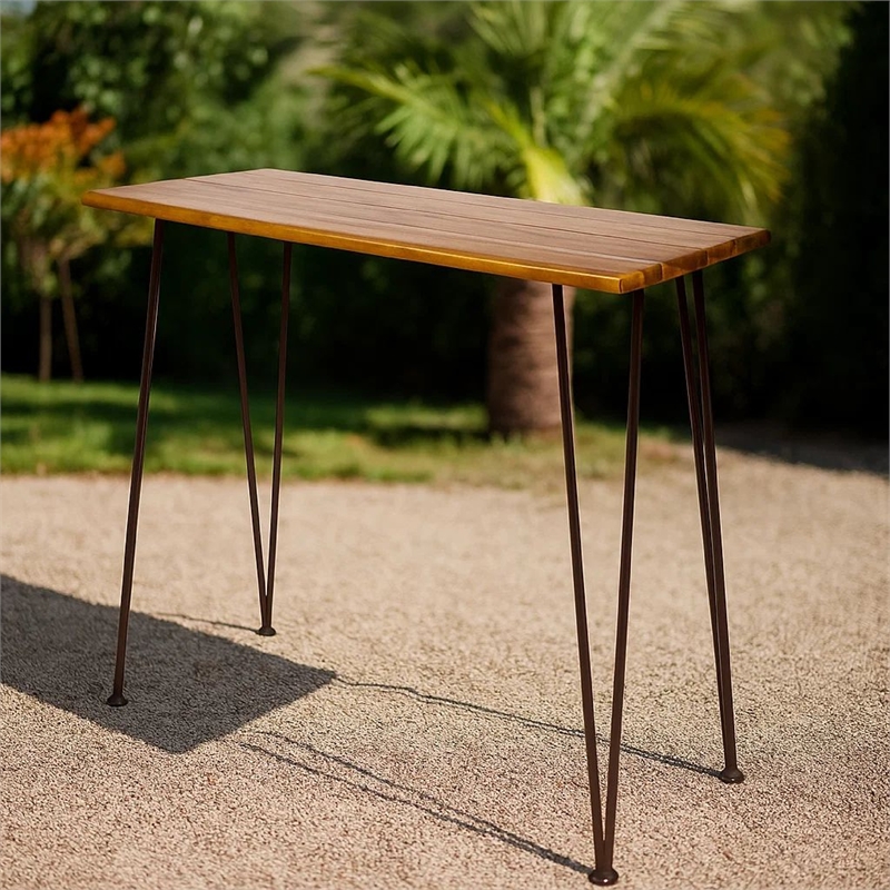 Benjara Rih Outdoor Bar Height Table- 47 Inch- Hairpin Legs- Brown Acacia Wood