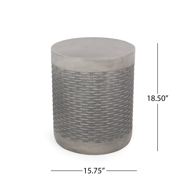 Benjara Outdoor Side End Table- Round Top Gray Faux Concrete- Round 16 Inch