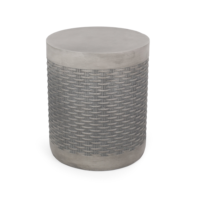 Benjara Outdoor Side End Table- Round Top Gray Faux Concrete- Round 16 Inch