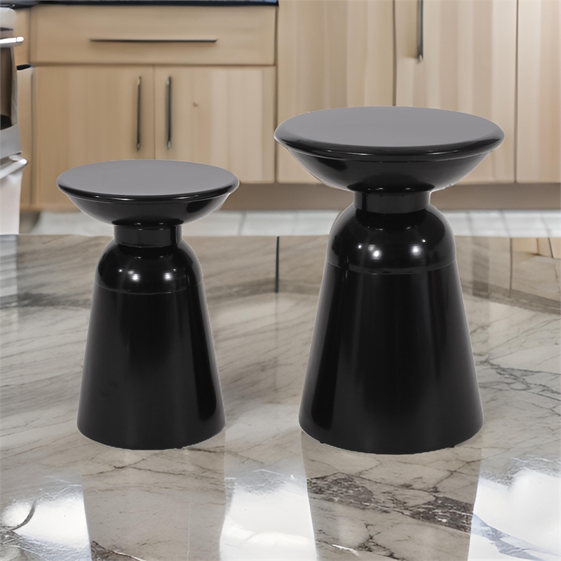Benjara Side End Table Set of 2- Round Taper Top- Pedestal Base- Black Metal