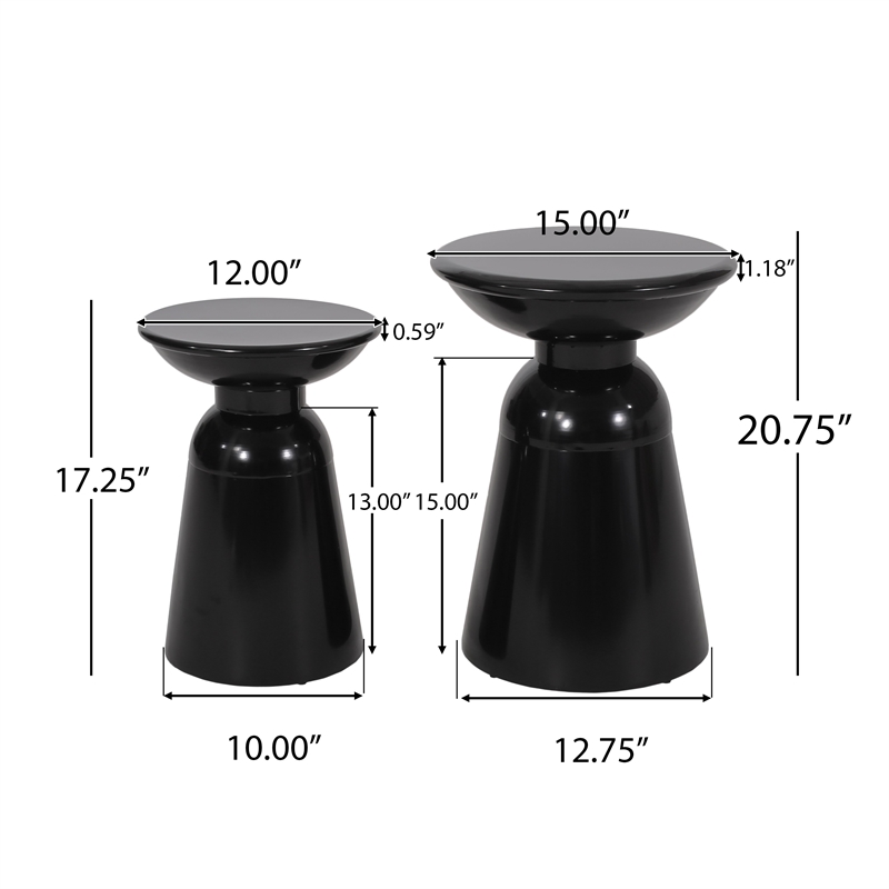 Benjara Side End Table Set of 2- Round Taper Top- Pedestal Base- Black Metal