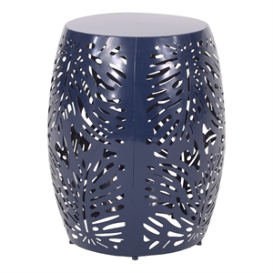 Benjara Yena Patio Side End Table- 17&quot Navy Blue Barrel Cut Pattern Design