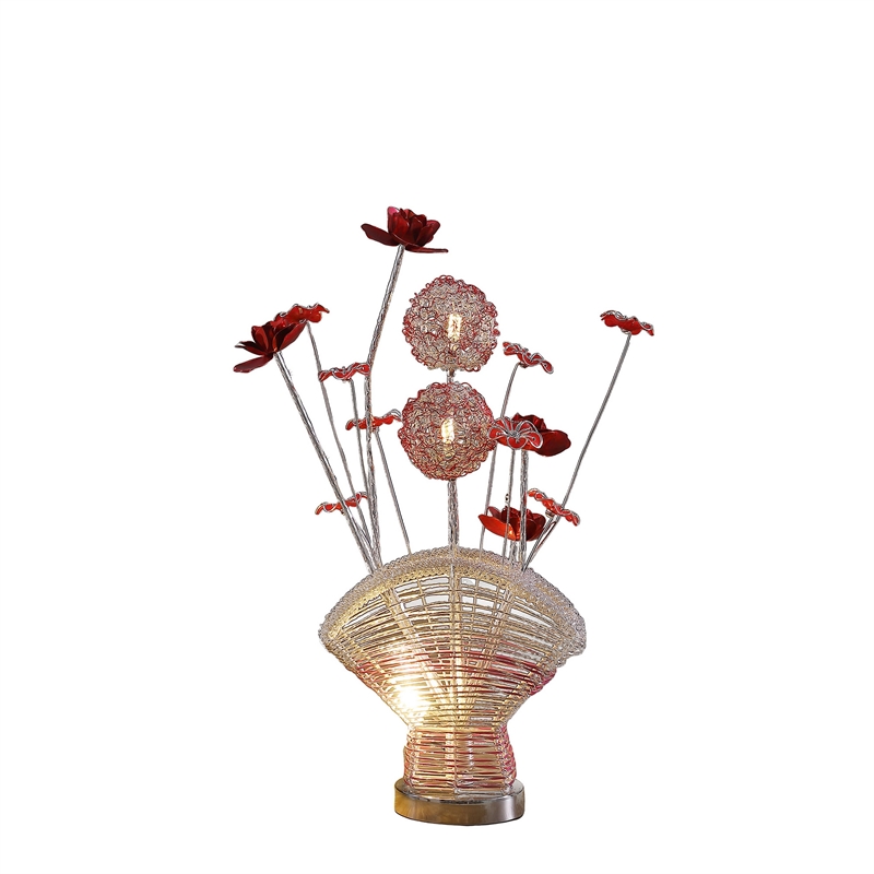 Benjara Accent Table Lamp- LED- Red Roses Fan Crystal Vase- Chrome 22 Inch