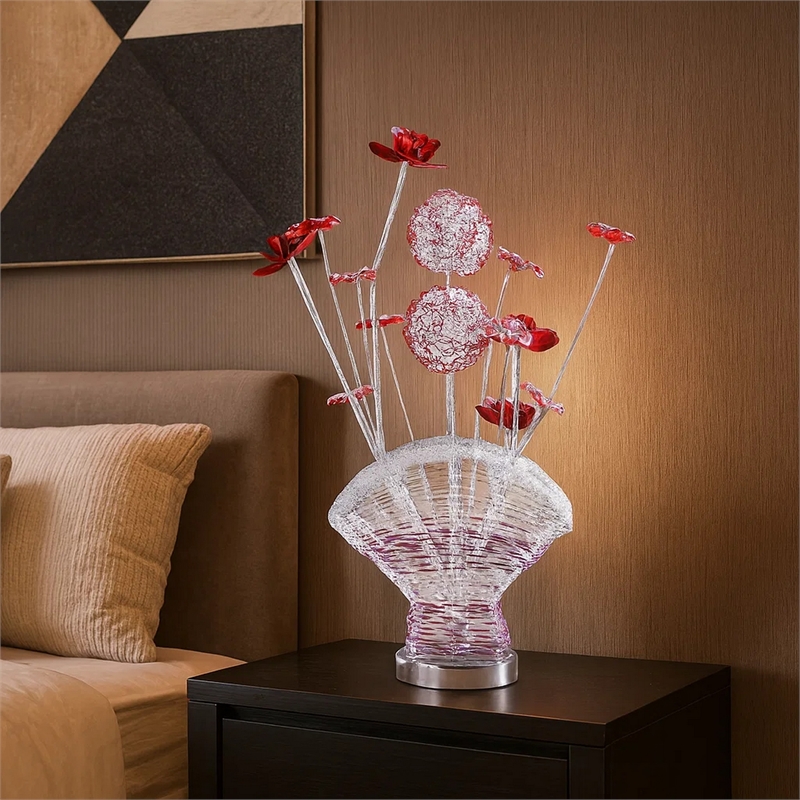 Benjara Accent Table Lamp- LED- Red Roses Fan Crystal Vase- Chrome 22 Inch