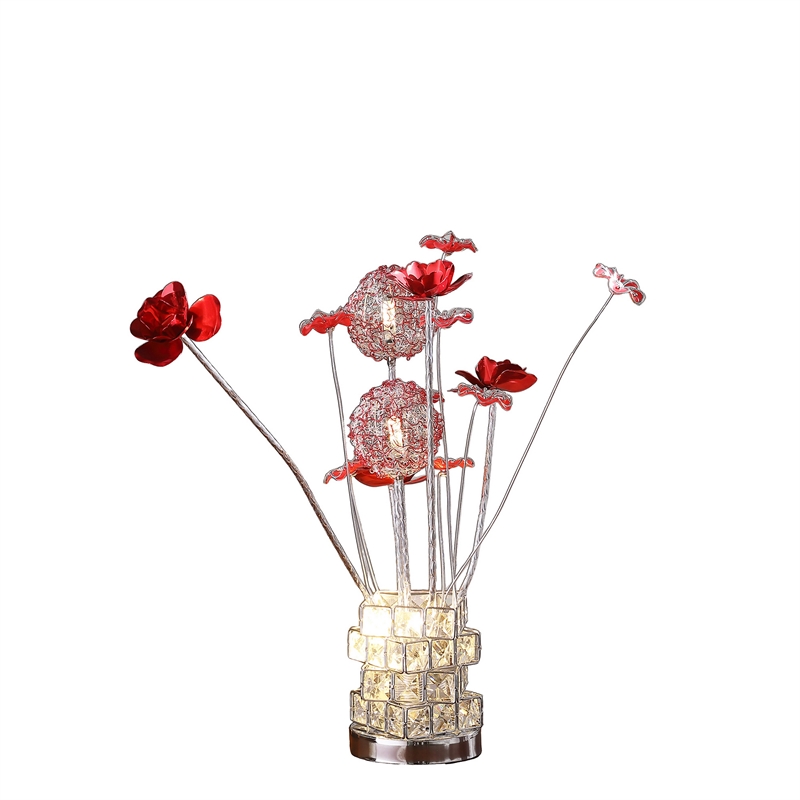 Benjara Accent Table Lamp- LED- Red Roses- Crystal Square Vase- Chrome 21 Inch