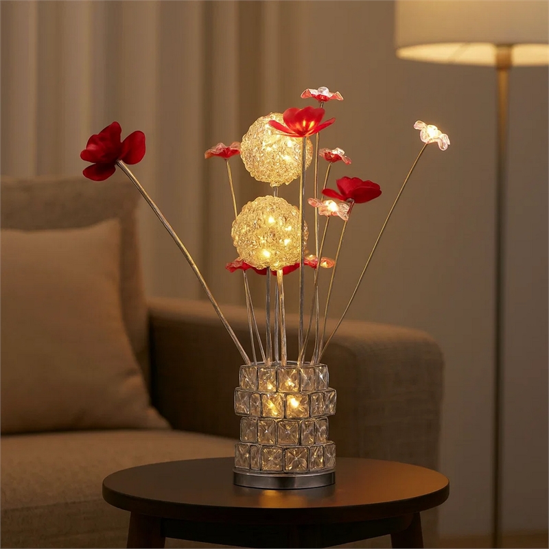 Benjara Accent Table Lamp- LED- Red Roses- Crystal Square Vase- Chrome 21 Inch