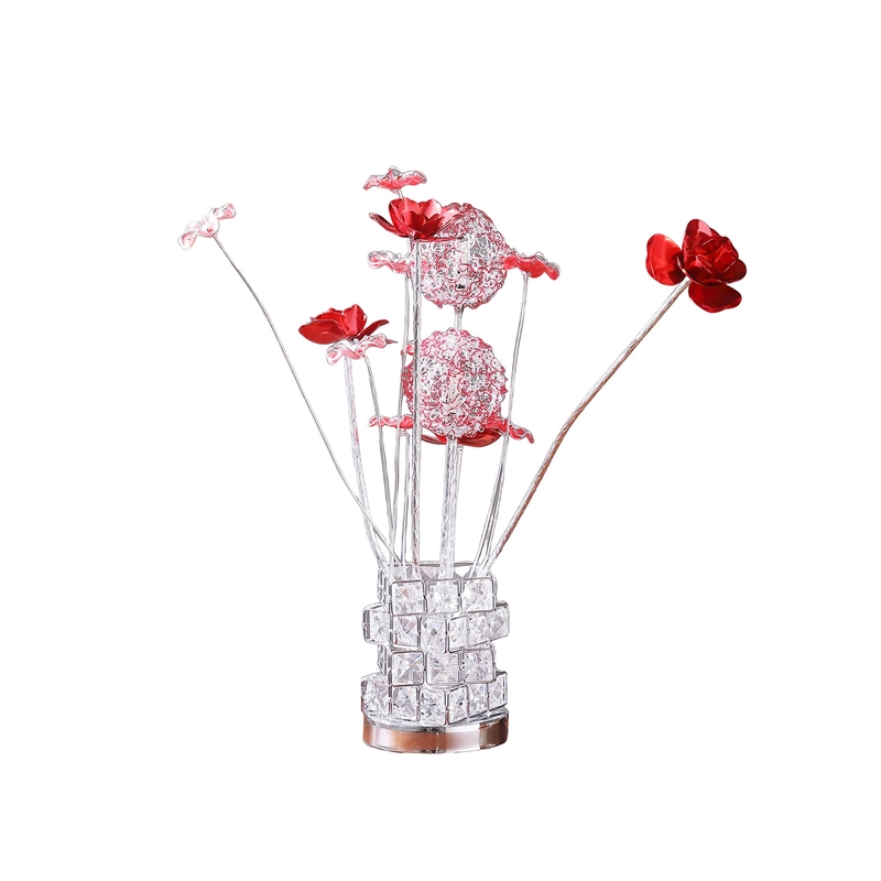 Benjara Accent Table Lamp- LED- Red Roses- Crystal Square Vase- Chrome 21 Inch
