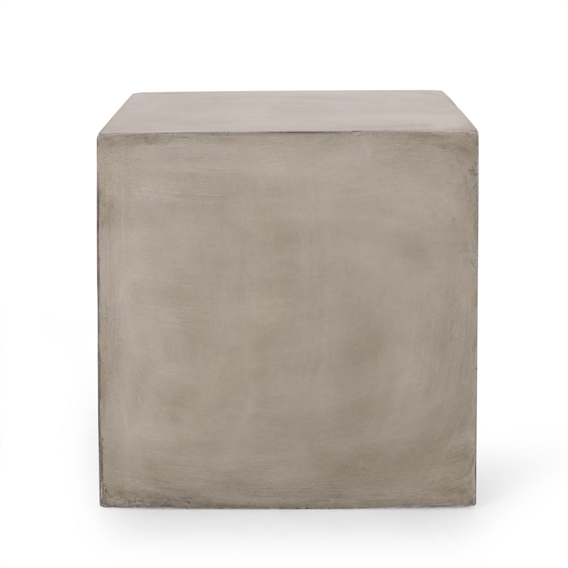 Benjara Ebec Outdoor Side Table- Modern Cube Light Gray Faux Concrete- 22 Inch