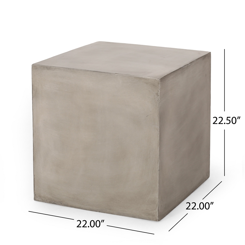 Benjara Ebec Outdoor Side Table- Modern Cube Light Gray Faux Concrete- 22 Inch