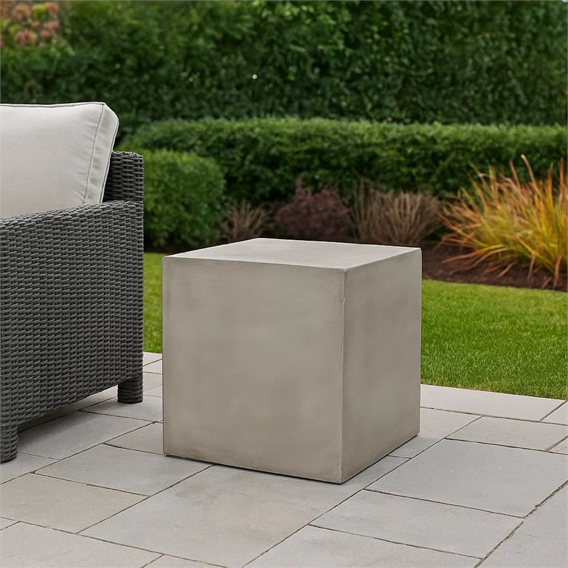 Benjara Ebec Outdoor Side Table- Modern Cube Light Gray Faux Concrete- 22 Inch