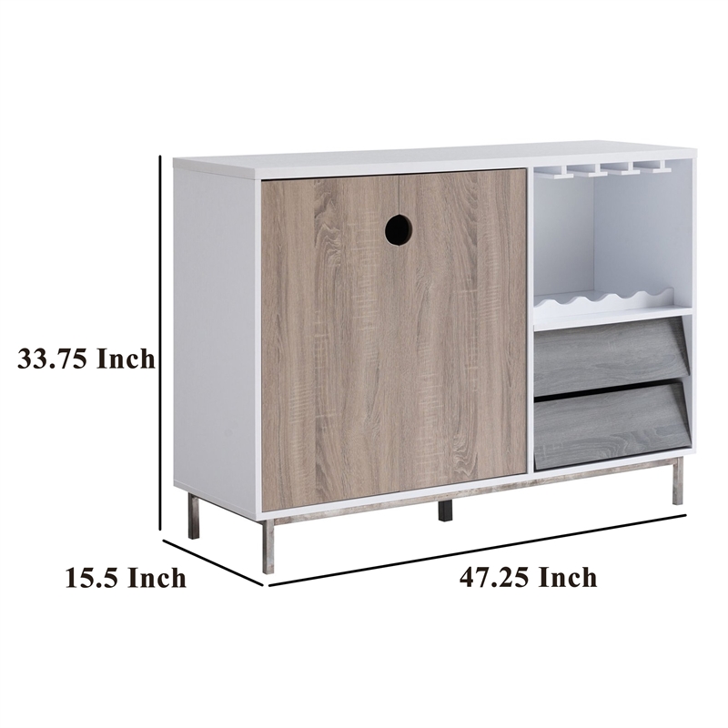 Benjara Wine Cabinet- 2 Drawers- Stemware and Bottle Rack- White Brown Gray