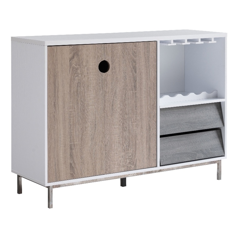 Benjara Wine Cabinet- 2 Drawers- Stemware and Bottle Rack- White Brown Gray