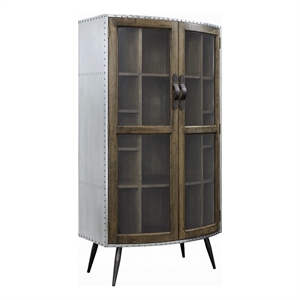 Benjara Bran Accent Cabinet- 2 Doors- 68 Inch- Nailhead Trim- Silver- Brown