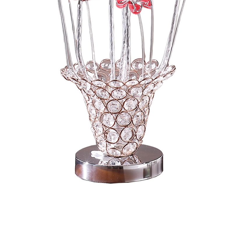 Benjara Accent Table Lamp- LED- Red Roses Trumpet Crystal Vase- Chrome 21 Inch