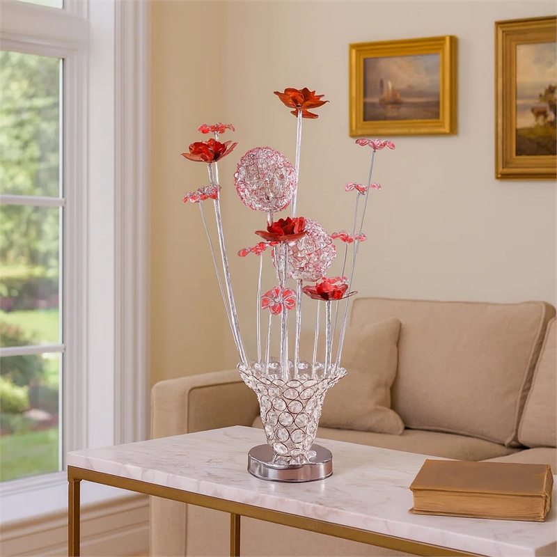Benjara Accent Table Lamp- LED- Red Roses Trumpet Crystal Vase- Chrome 21 Inch