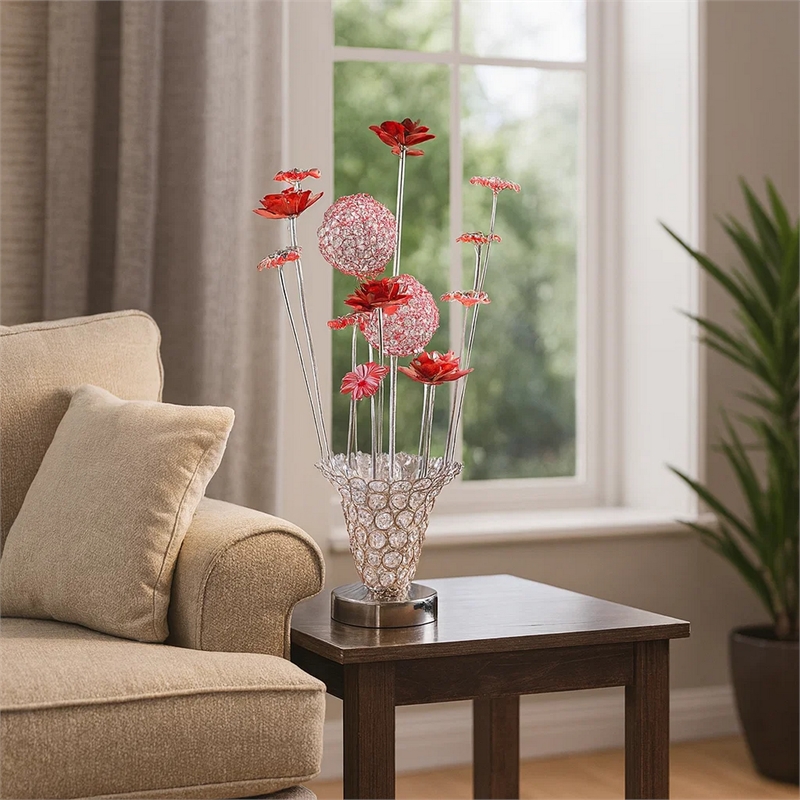 Benjara Accent Table Lamp- LED- Red Roses Trumpet Crystal Vase- Chrome 21 Inch