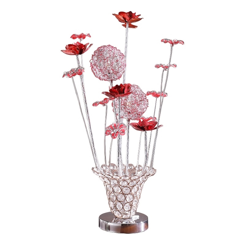 Benjara Accent Table Lamp- LED- Red Roses Trumpet Crystal Vase- Chrome 21 Inch