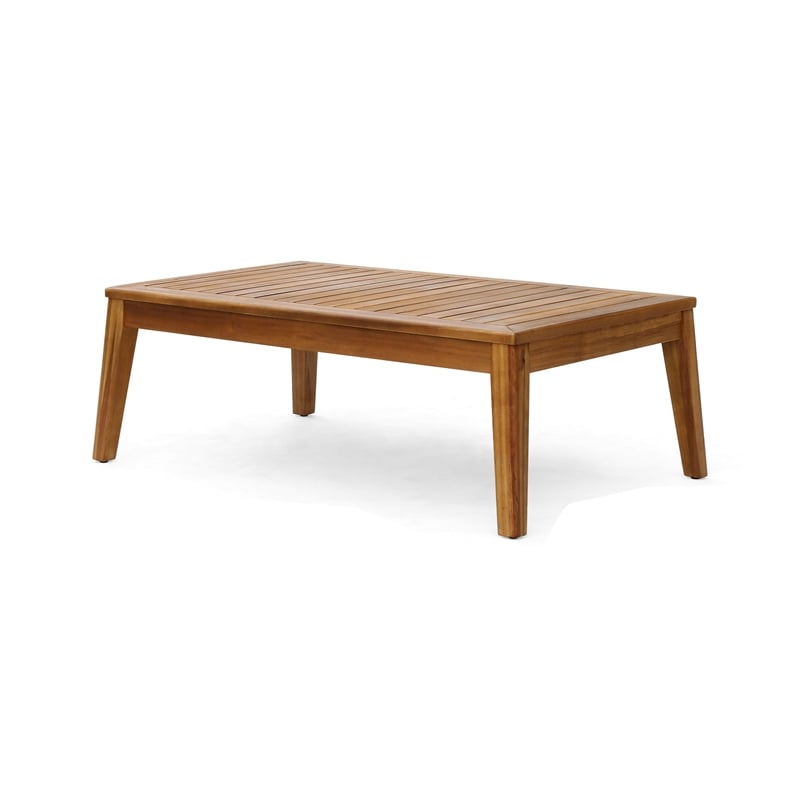 Benjara Outdoor L Shape Sofa and Coffee Table Set- Brown Acacia Wood- Beige