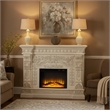Benjara Kin LED Electric Fireplace- Floral Carvings- Antique White- 62 Inch