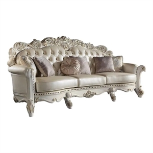 Benjara Antoine Oversized Sofa- Champagne Faux Leather- Pearl White- 113 Inch