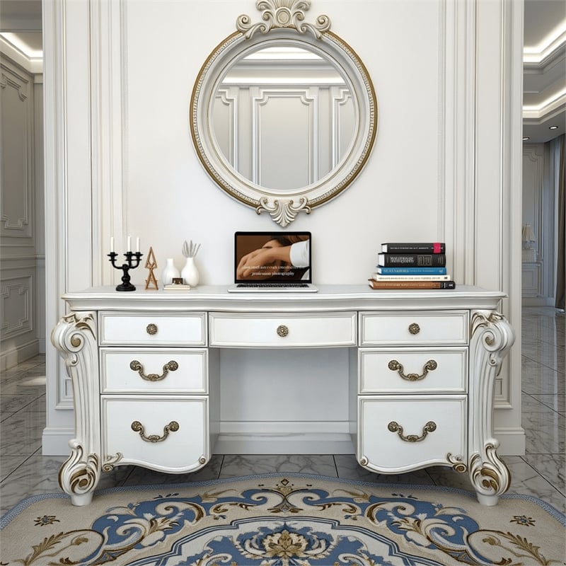 Benjara Antoine Vanity Desk- 7 Drawers- Antique Silver Wood- Gold- 65 Inch