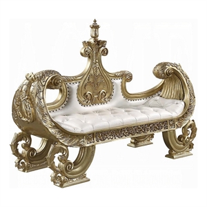 Benjara Rexx 71&quot Bench Sofa- Gold Ornate Carvings- White Faux Leather