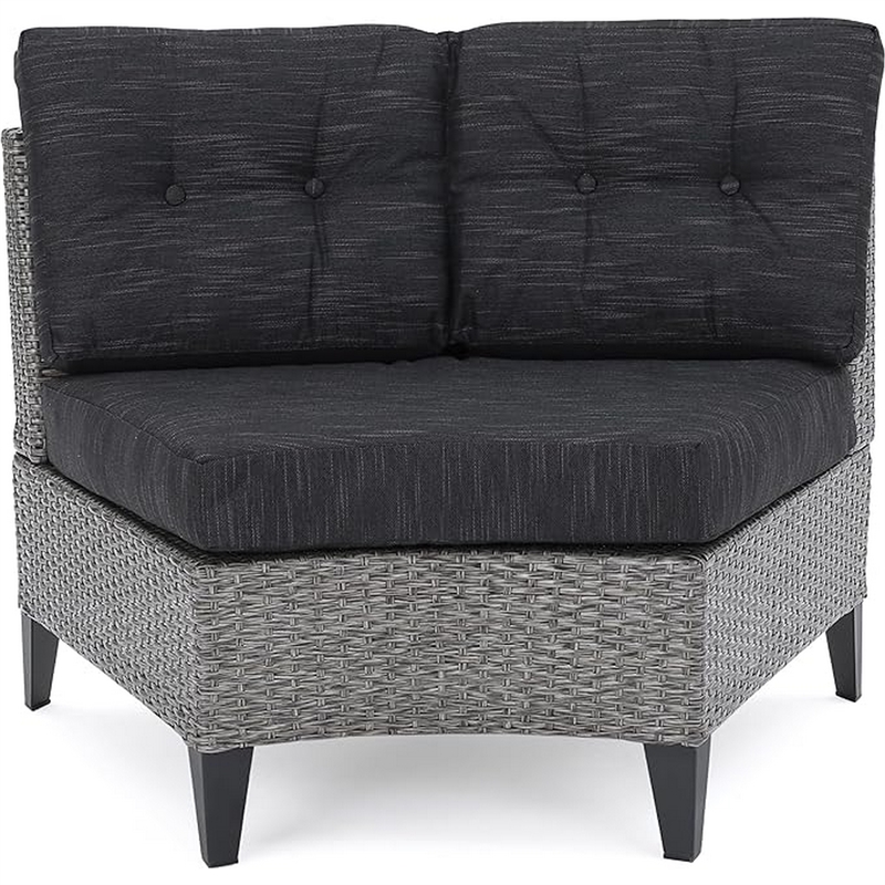 Benjara Rune Outdoor Curved 4 Seater Sofa- PE Rattan Weave- Iron- Gray Fabric