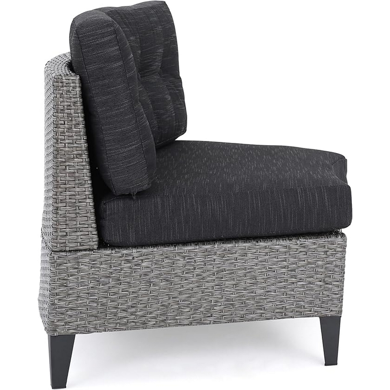 Benjara Rune Outdoor Curved 4 Seater Sofa- PE Rattan Weave- Iron- Gray Fabric