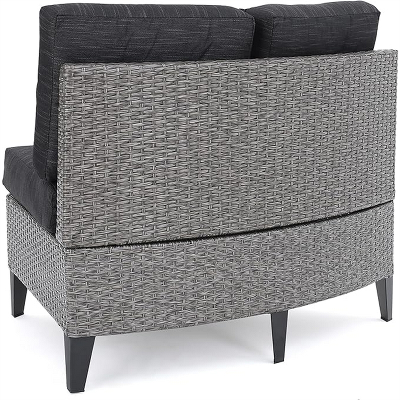 Benjara Rune Outdoor Curved 4 Seater Sofa- PE Rattan Weave- Iron- Gray Fabric