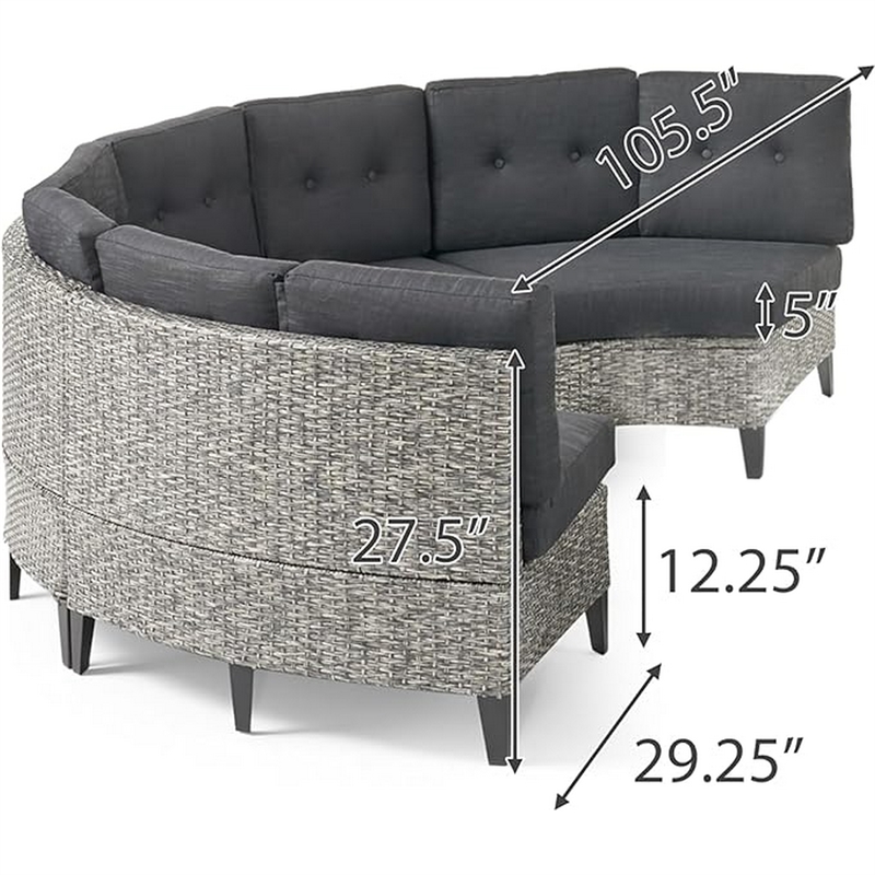 Benjara Rune Outdoor Curved 4 Seater Sofa- PE Rattan Weave- Iron- Gray Fabric