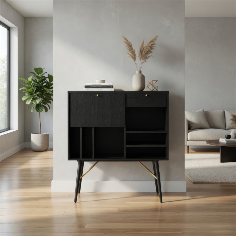 Benjara Belo Accent Buffet Sideboard- 6 Shelves- Gold Accent- Black- 42 Inch