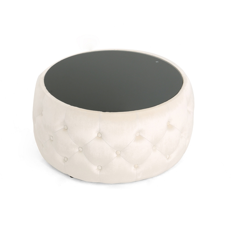 Benjara Ottoman Coffee Table- Beige Tufted Velvet- 30