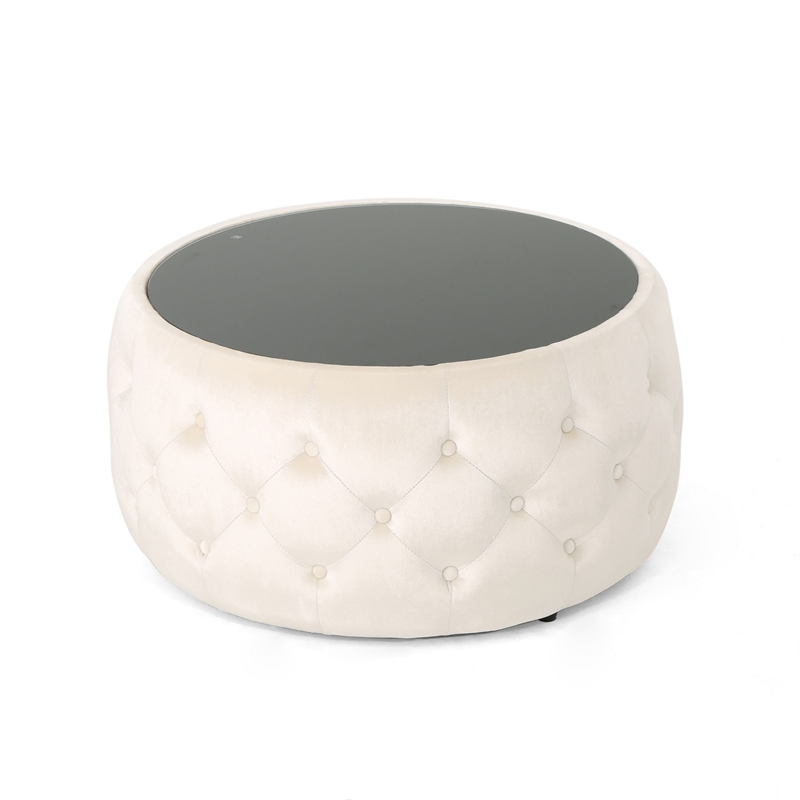 Benjara Ottoman Coffee Table- Beige Tufted Velvet- 30