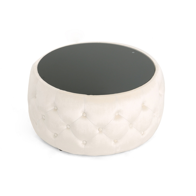Benjara Ottoman Coffee Table- Beige Tufted Velvet- 30