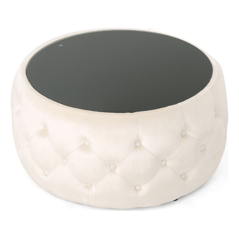 Benjara Ottoman Coffee Table- Beige Tufted Velvet- 30