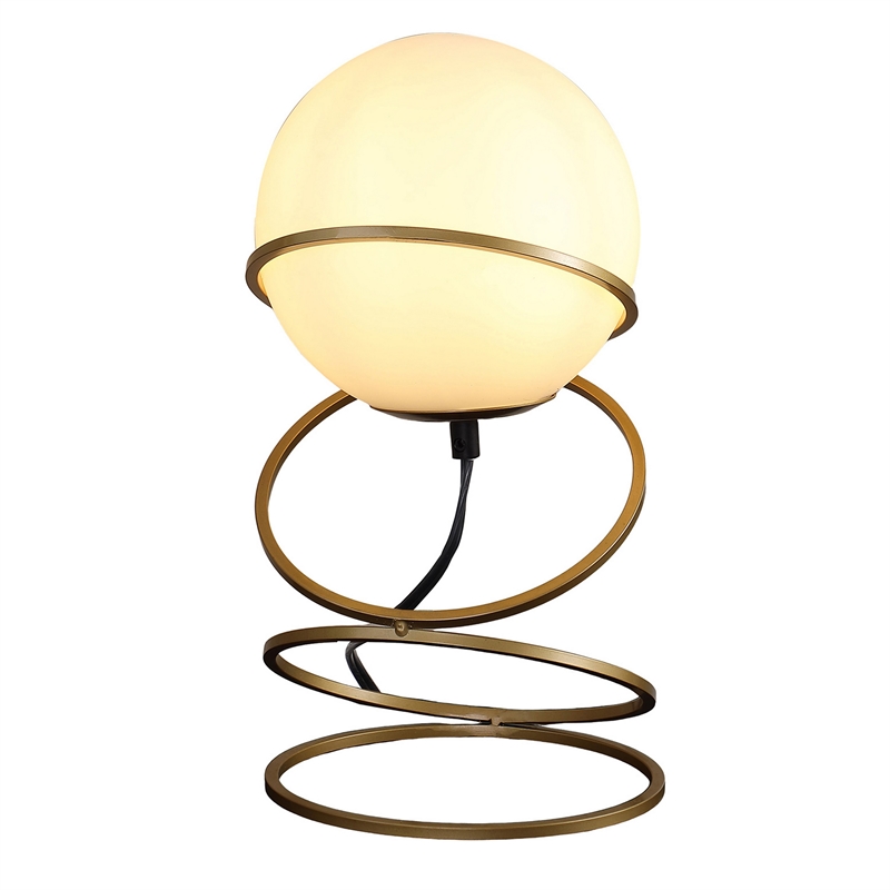 Benjara Table Lamp- White Glass Globe- 4 Spiral Ring Accented Base 14 Inch