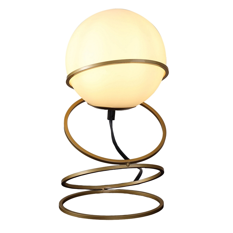 Benjara Table Lamp- White Glass Globe- 4 Spiral Ring Accented Base 14 Inch