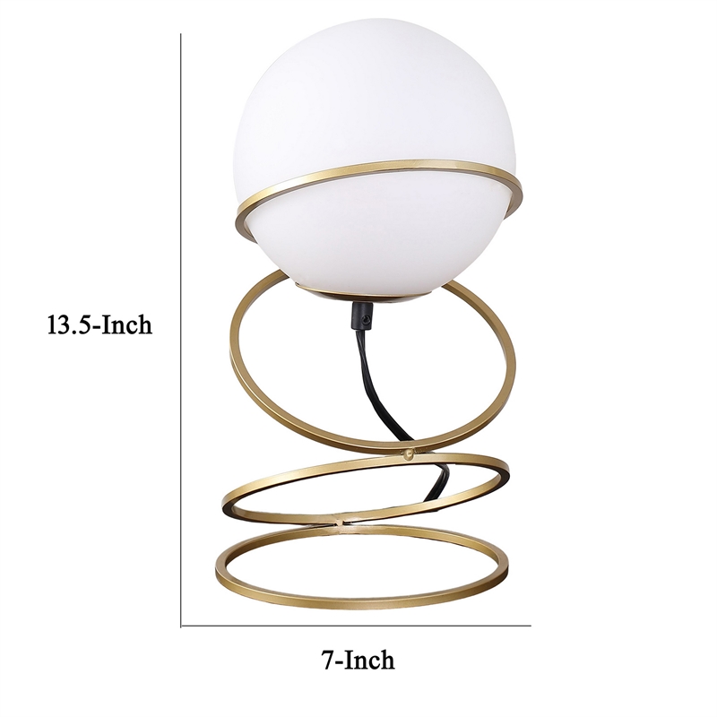 Benjara Table Lamp- White Glass Globe- 4 Spiral Ring Accented Base 14 Inch