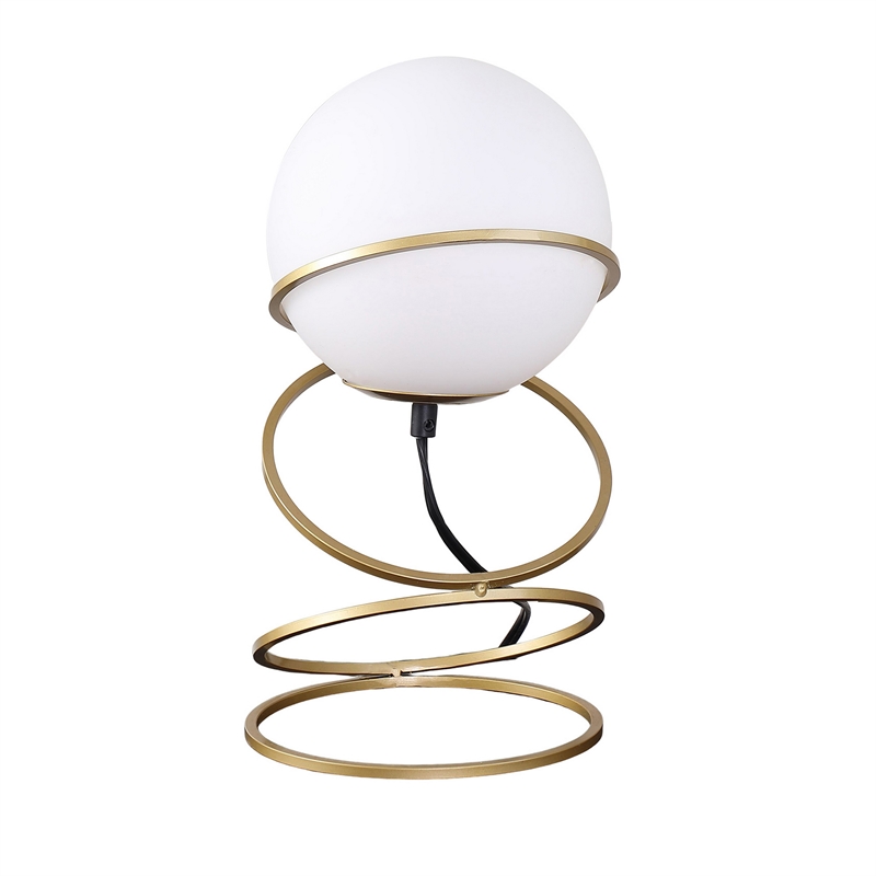 Benjara Table Lamp- White Glass Globe- 4 Spiral Ring Accented Base 14 Inch