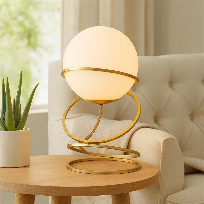 Benjara Table Lamp- White Glass Globe- 4 Spiral Ring Accented Base 14 Inch