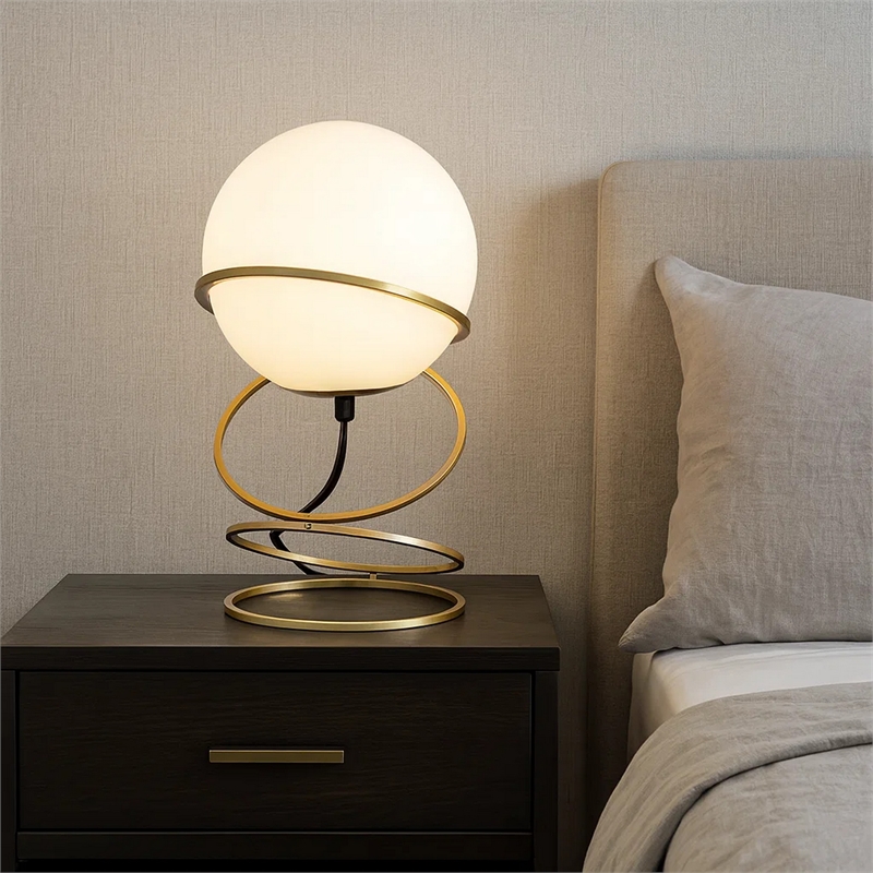 Benjara Table Lamp- White Glass Globe- 4 Spiral Ring Accented Base 14 Inch