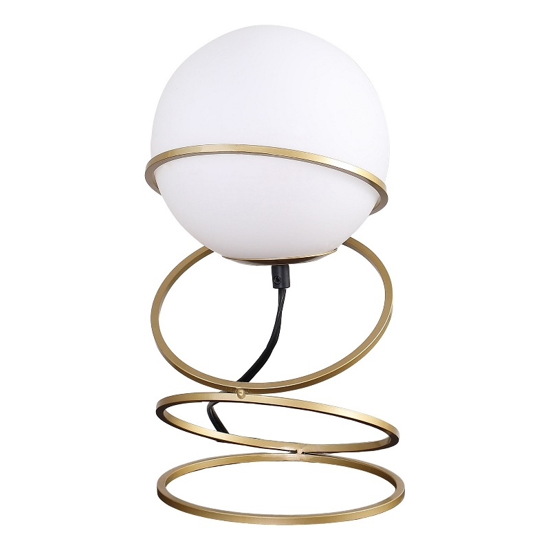 Benjara Table Lamp- White Glass Globe- 4 Spiral Ring Accented Base 14 Inch