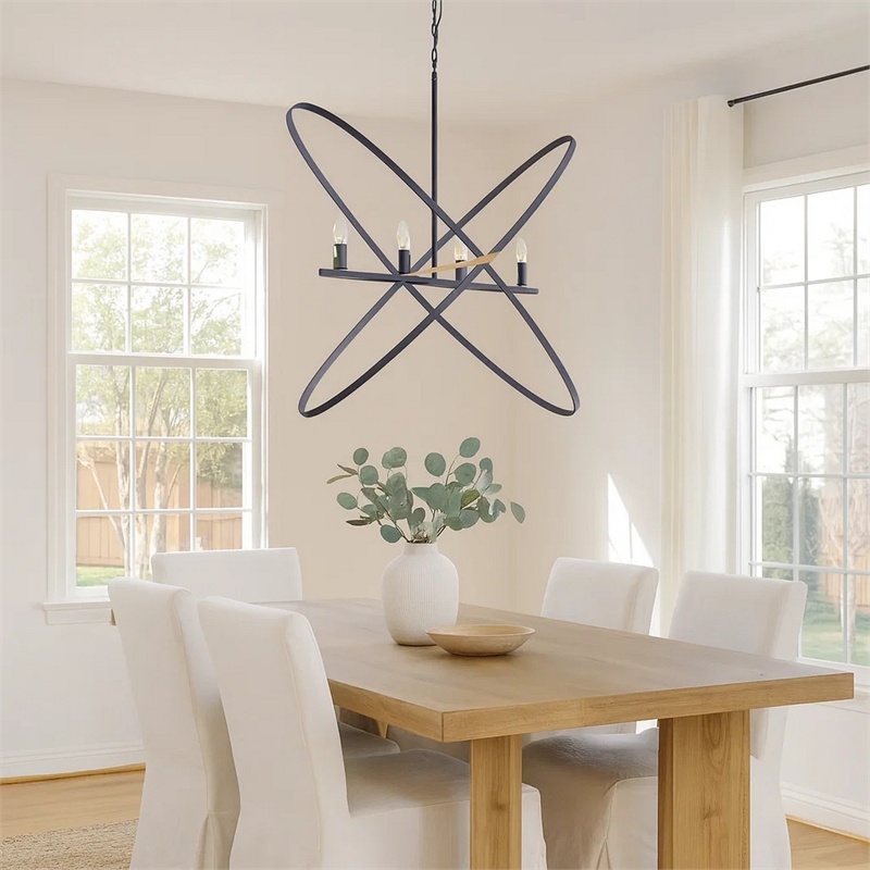 Benjara Modern Chandelier- 4 LED Light- Black Cross Band- Brass Metal 38 Inch