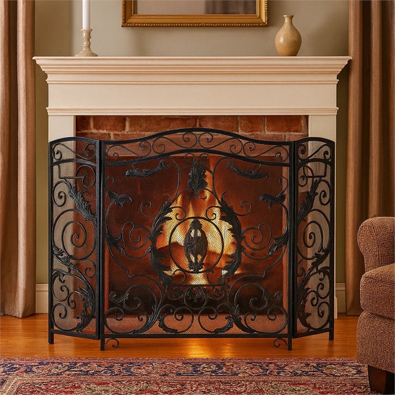 Benjara Fireplace Screen- Scrollwork Mesh Design- Iron w Black- Silver Finish
